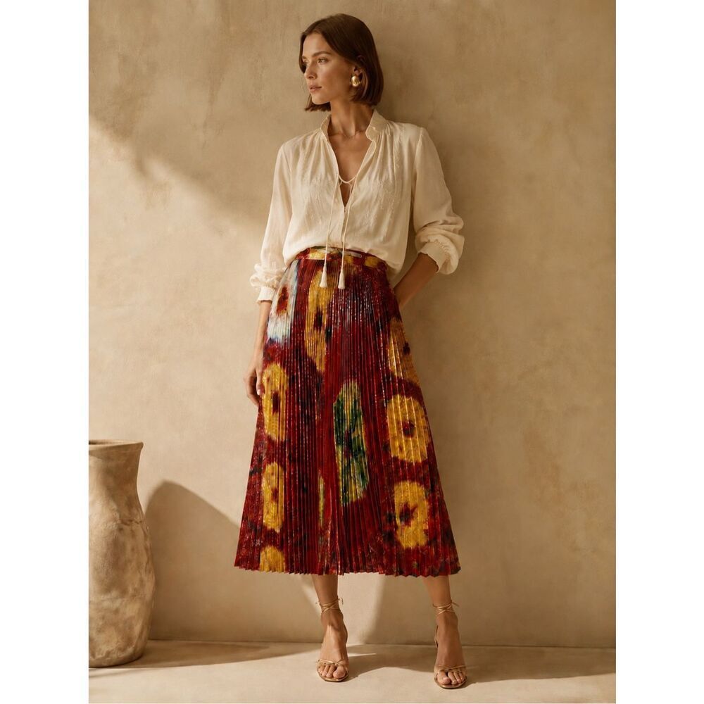NWOT Ulla Johnson Rami Pleated Metallic Print Midi Skirt  Artful Runway Luxury S